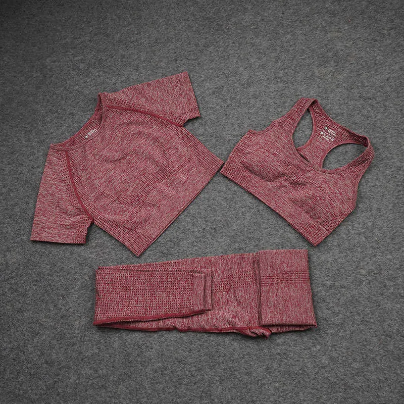 Vital Seamless Yoga Set Women Gym Workout Clothes Fitness Sports Bra+Short Sleeve Crop Top+High Waist Shorts Suits 210802