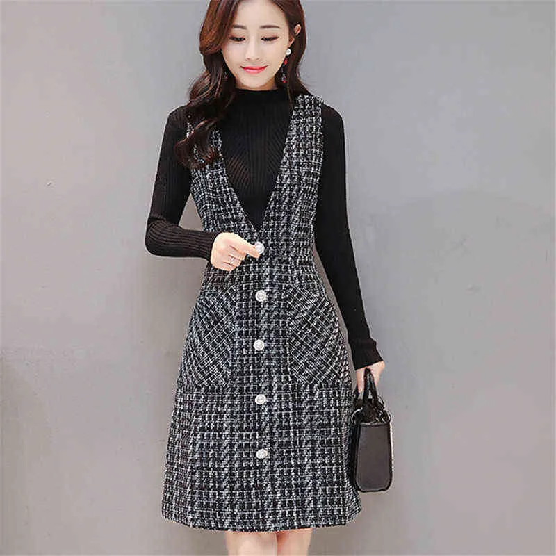 Women Autumn Winter Vest Dress V-Neck Strap Dress Vintage Sleeveless Pocket Plaid Dress Female Slim Woolen Dresses Vestidos R541 G1214