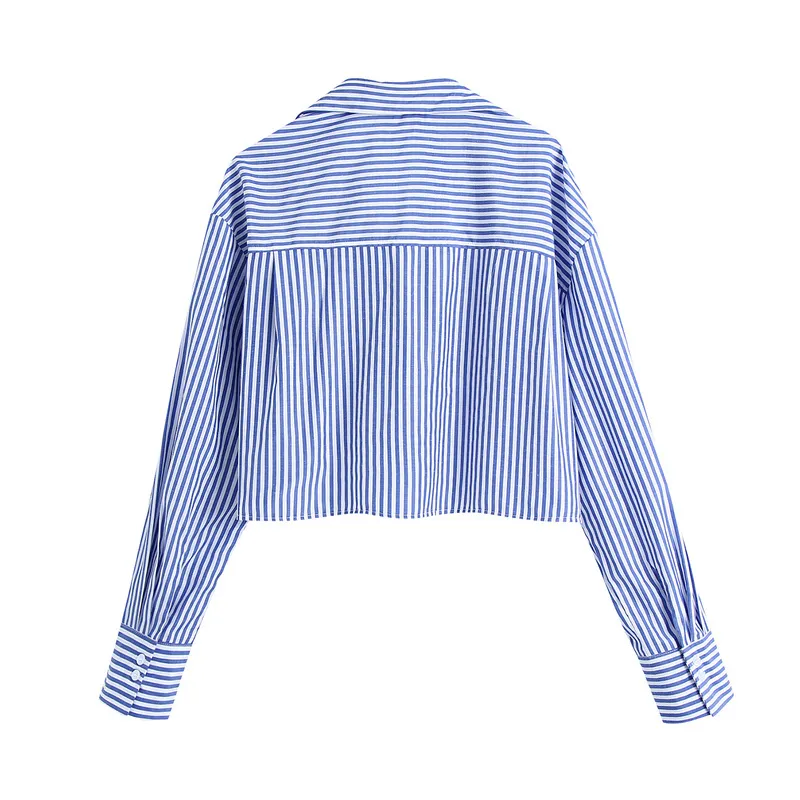 Fashion With Pockets Striped Crop Blouses Women Sweet Long Sleeve Button-up Female Shirts Blusas Chic Tops Casual Clothing 210430