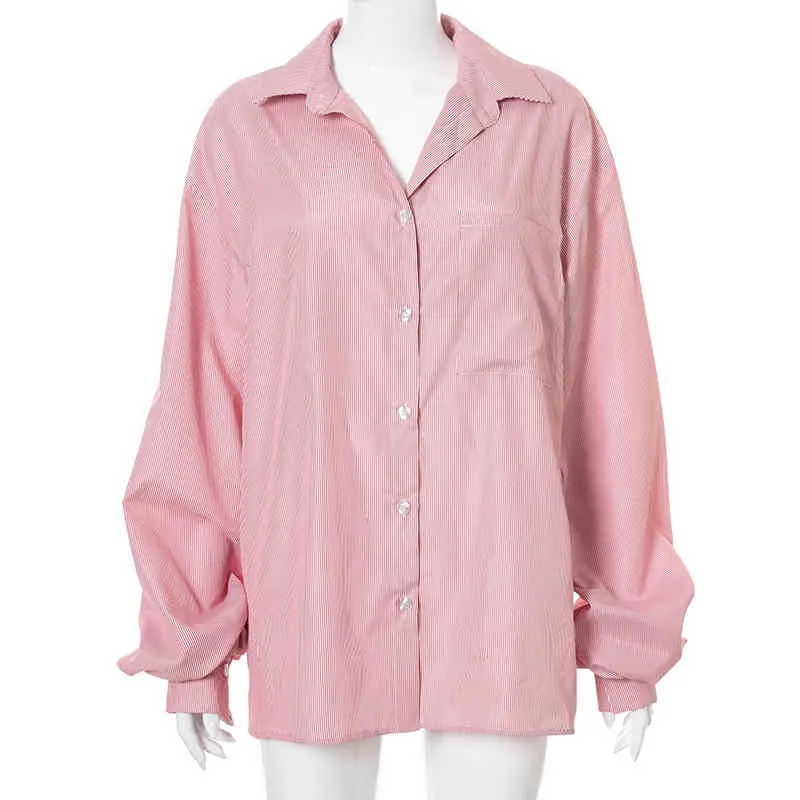 Mulheres Pink Stripe / Branco Sólido Camisas Oversized Boy Amigo Roupas Vintage Elegante Elegante Classic Blusas Casuais Verão Streetwear 210517