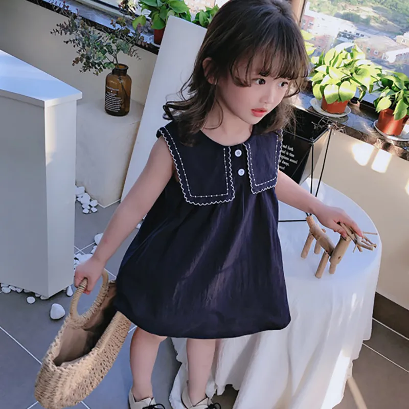 ノースリーブかわいい夏の女の子のドレスのベビー服のファッションの緩い王女のカジュアルな襟の子供210515
