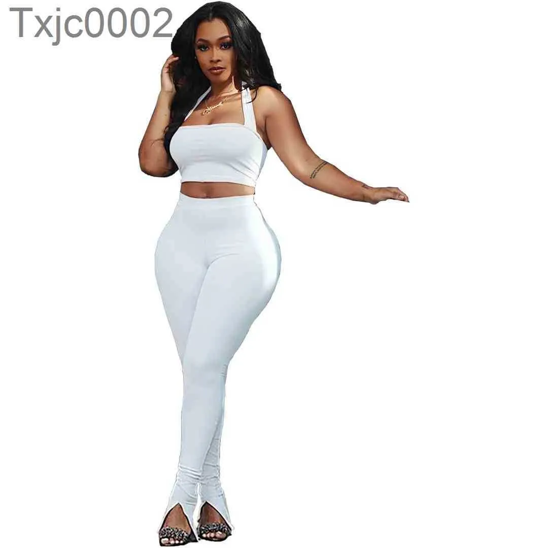 Femmes Survêtements Deux Pièces Pantalons Tenues Designer Couleur Unie Sexy Bretelles Sans Manches Tops Leggings Split Neckband Nightclubwear