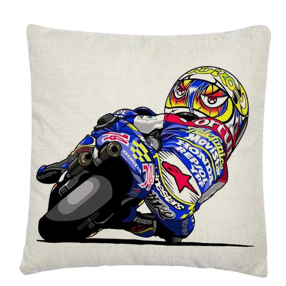 Housse de coussin en lin, motif de dessin animé de course de moto, taie d'oreiller courte et douce en peluche, décoration pour la maison, le canapé et la voiture, 310g