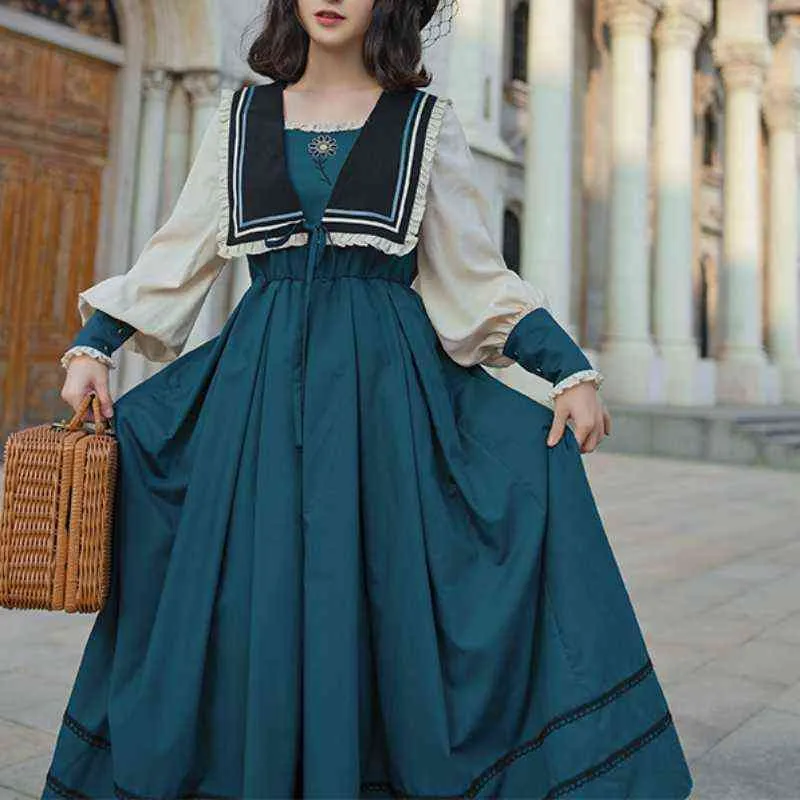 HOUZHOU Elegant Vintage Dress Women Patchwork Long Sleeve Dress Retro Court Style Navy Collar Spring Autumn Mori Girl Robe Y1204