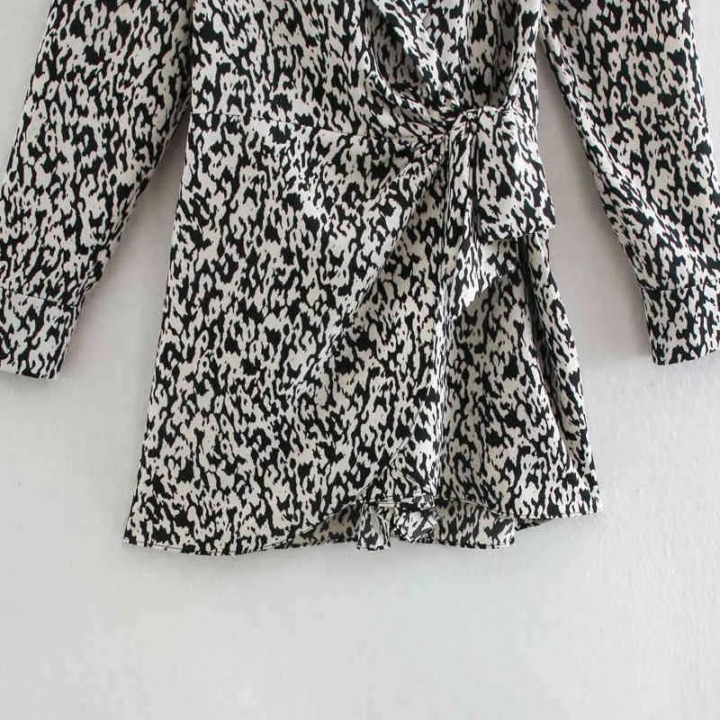 Donna Autunno Vintage Mini abito con scollo a V manica lunga papillon laterale stampa leopardata femminile elegante abiti da strada abbigliamento abiti 210513