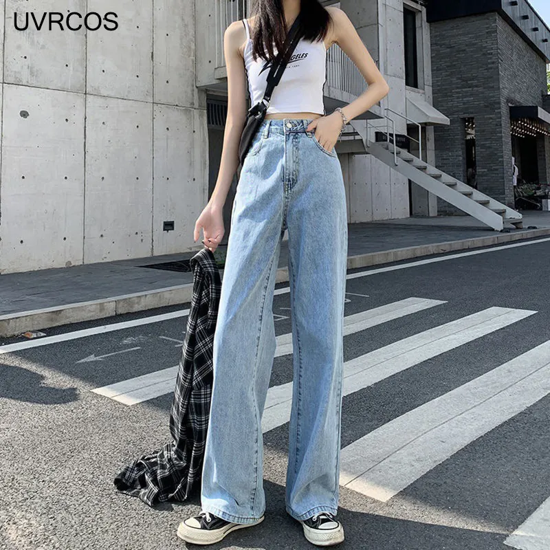 Jeans femme rue décontracté taille haute Traf pantalon mode coréenne bleu clair droit coton lâche noir Y2k femme 220310