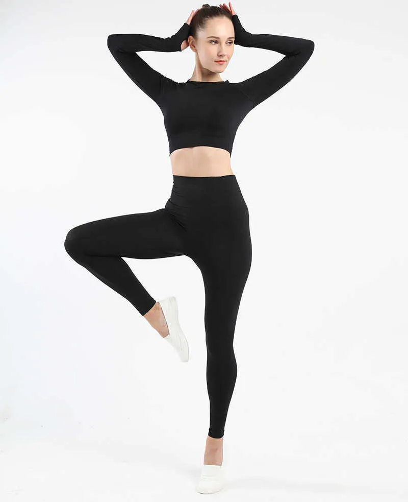Sportowa odzież fitness bez szwu dress kobiety z długim rękawem Yoga Set Biker Spodenki Bra Siłownia Odzież 210802