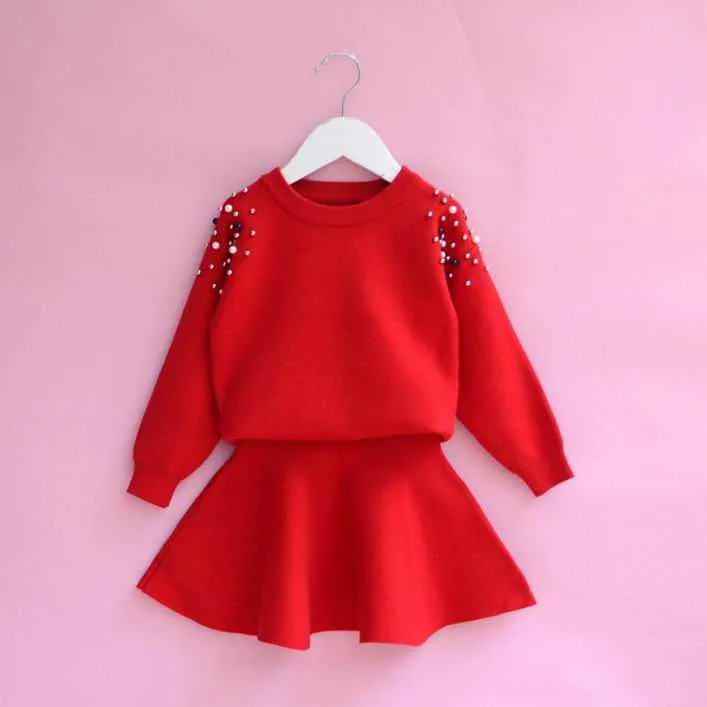 Beading stickad flicka kläder sätter fast färg långärmad tröja + kjol outfits baby kläder 2-6y b64 210610