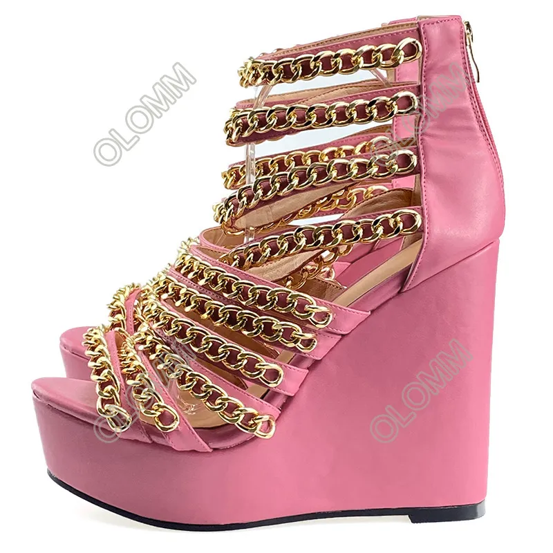 Olomm feita à mão feminino Gladiator Sandals Chain Cardges Saltos abertos do dedo do pé Fuchsia Red Purple Party Shoes Women Us Plus Tamanho 5-20