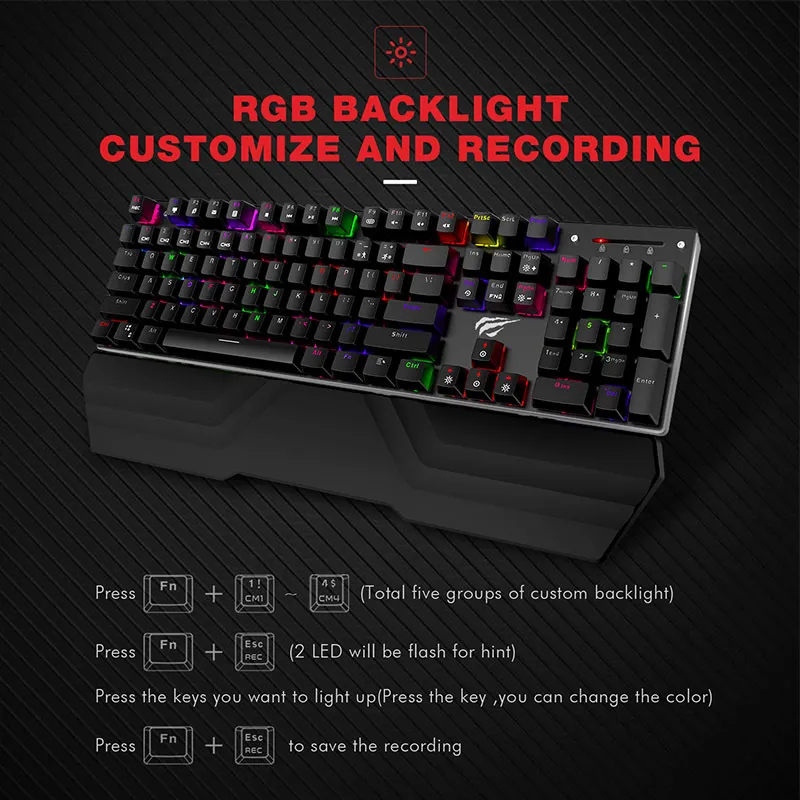 Teclado mecánico HAVIT para jugadores, 104 teclas, interruptor azul o rojo, teclados para juegos RGB, tableta de escritorio, versión rusa