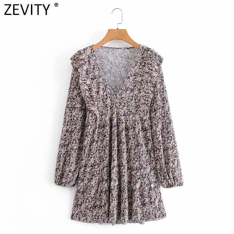 Zevity Women Vintage Vネックフラワープリントプレートプレートミニドレス女性ランタンスリーブフリル線vestidos布DS4689 210603