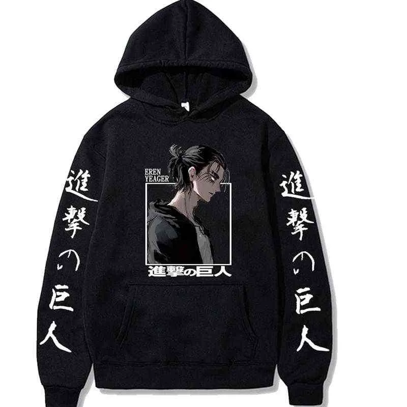 Attack on Titan Eren Yeager Animetryckt luvtröja Långärmad Lös Hip Hop Unisex-tröja Herr Streetwear Oversized Hoody Toppar Y1120