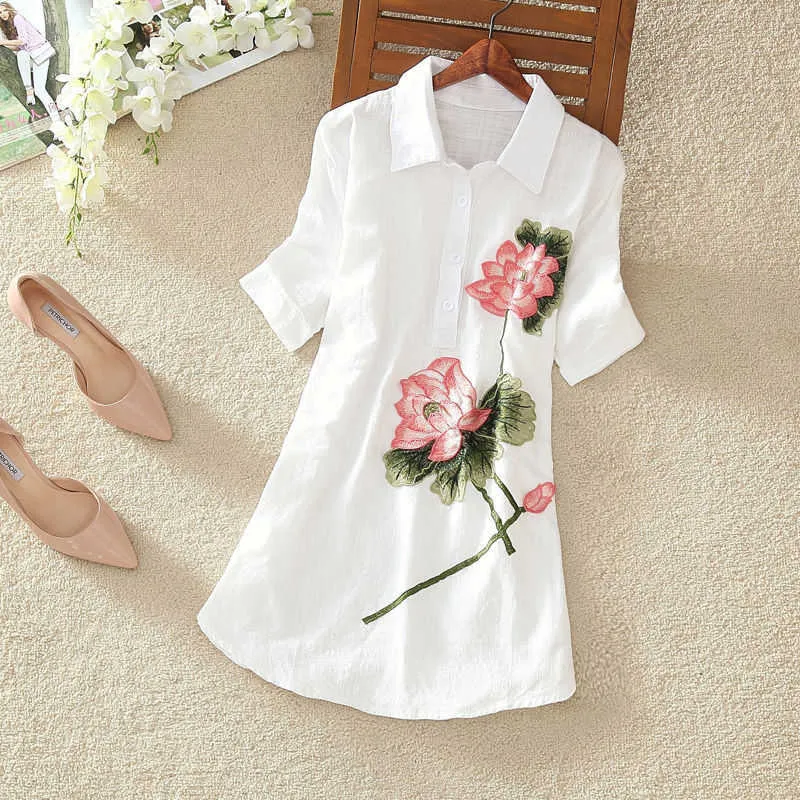 White Long Shirt Women Office Blouses Plus Size 5XL Casual Cotton Linen Vintage Embroidery Lapel Short Sleeve Ladies Summer Tops 210526