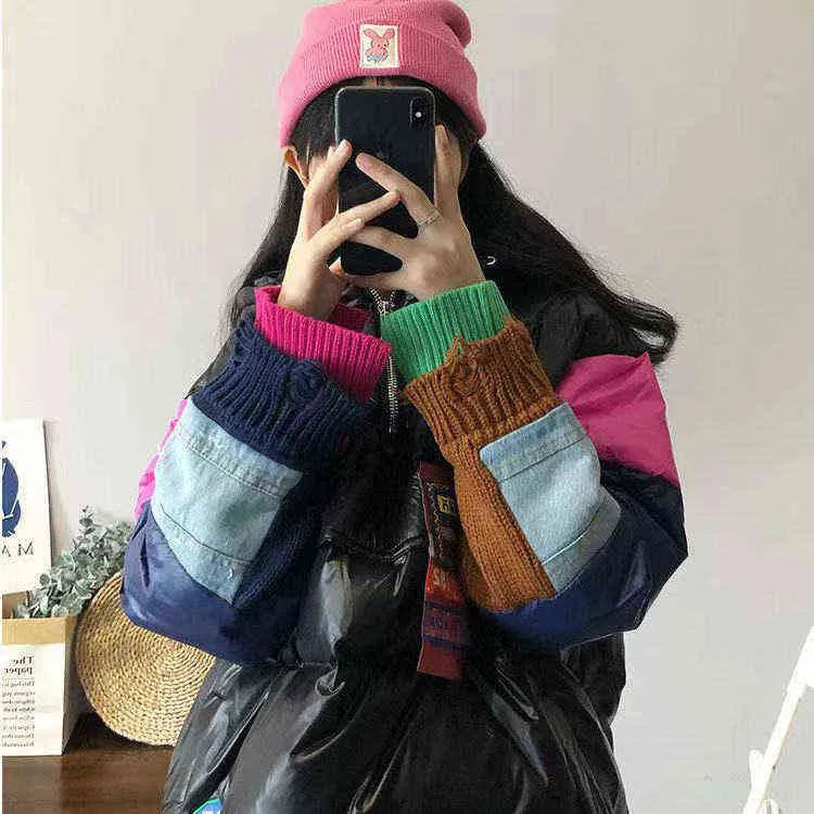 White Goose down Women's winter jacket down jacket patchwork down jacket female denim cloth warm in winter 211108