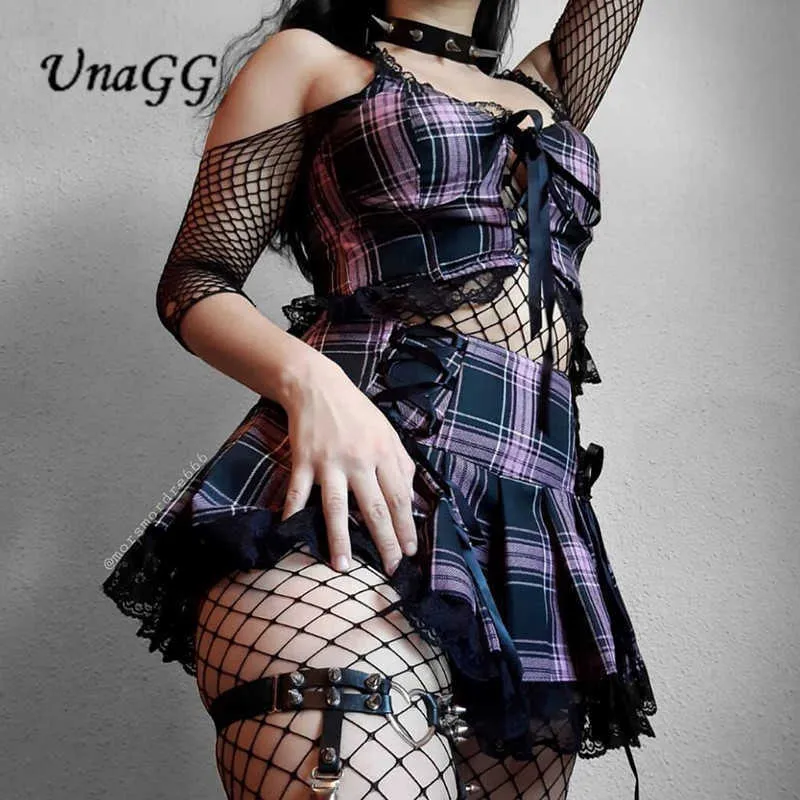 UnaGG Lace Up Goth Y2K Damenröcke Rosa Streifen Plaid Trim Faltenrock Punk Dark Academia Ästhetische E-Girl-Kleidung #1211 210708