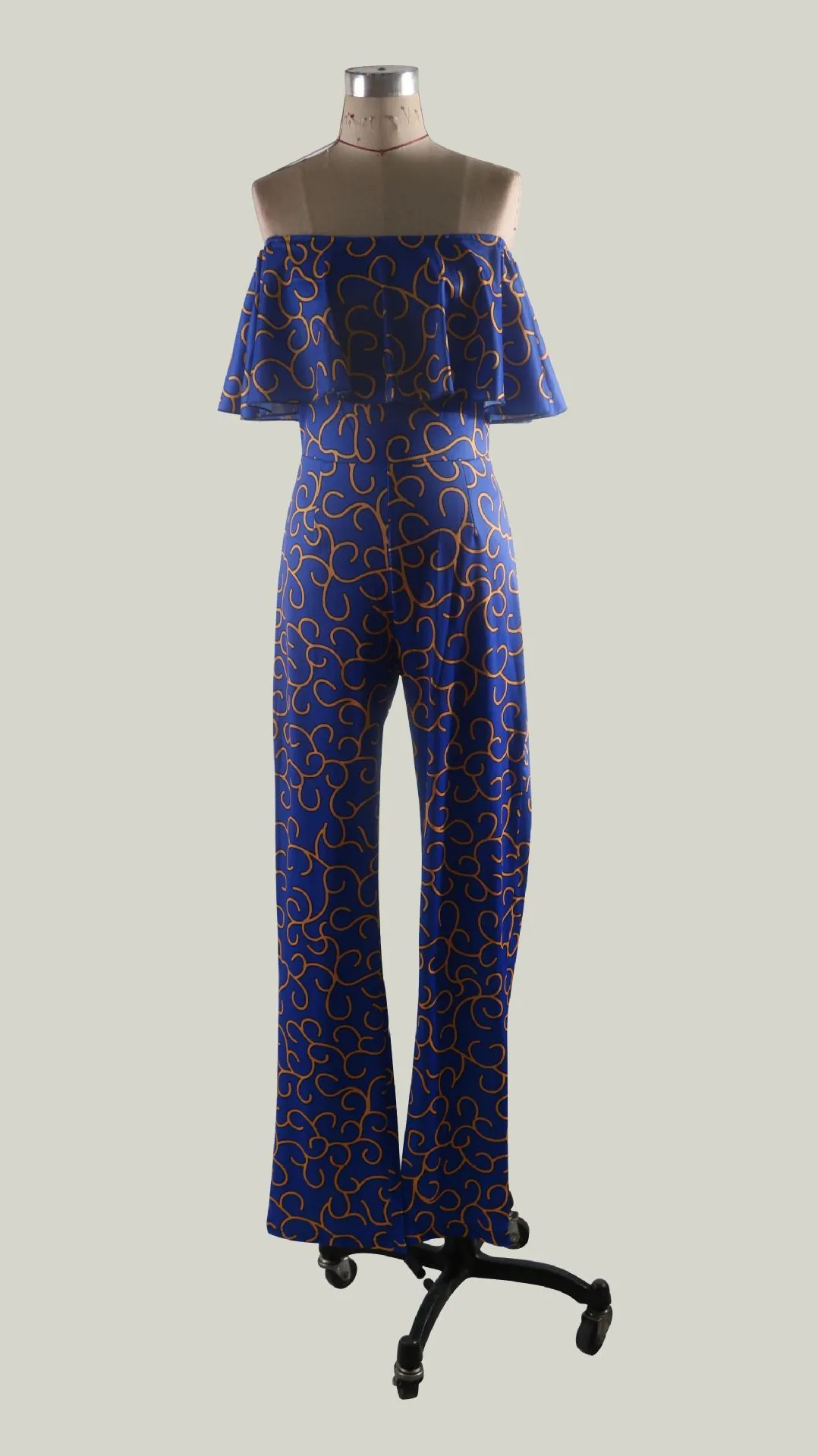 Kvinnor tryckta av axel jumpsuit ruffle sexig party clubwear backless african plus storlek sommar mode blå smal natt ut 210416