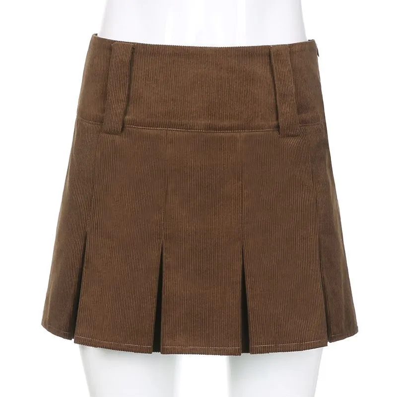 Women's Vintage Corduroy Brown Pleated Skirts 90s Aesthetic Preppy Style Girl Student High Waist Mini Skirt Cute Kawaii Clothes 210517
