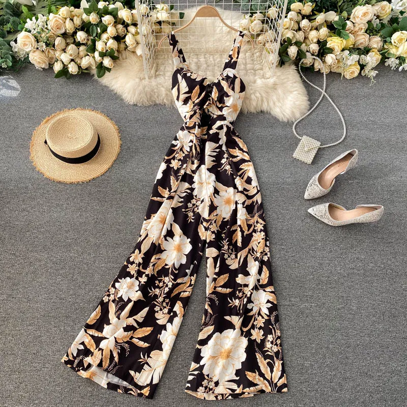 Singreiny Design Hollow Floral Strap Jumpsuits Vrouwen Mouwloze Backless Rompertjes Zomer Koreaanse Casual Brede Benen Strand Rompertjes 210419