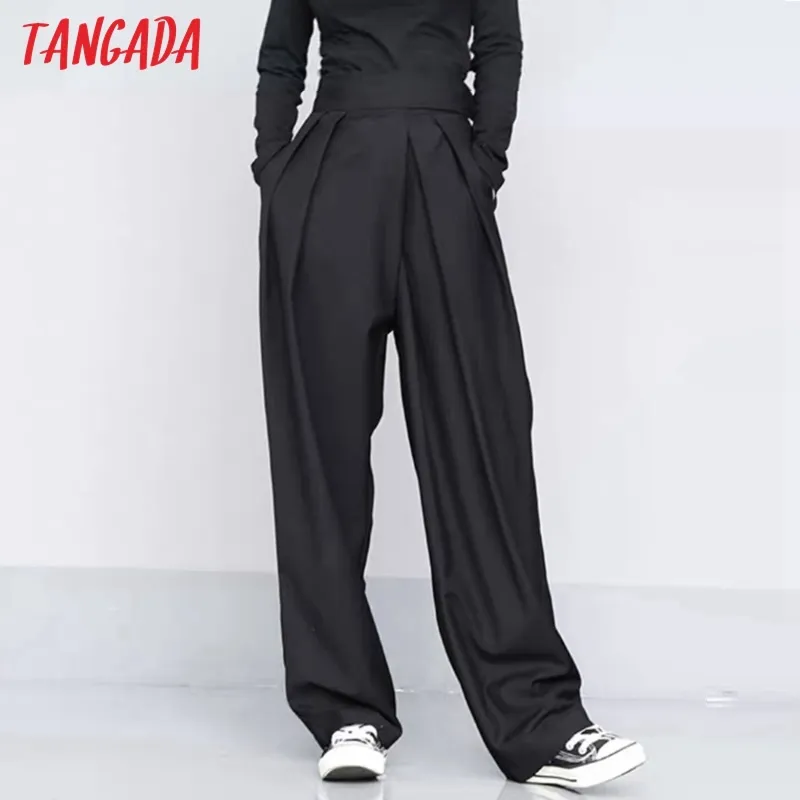 Moda Donna Pantaloni lunghi neri con tasche adesive in vita Bottoni Pantaloni Office Lady Pantalon DZ04 210416