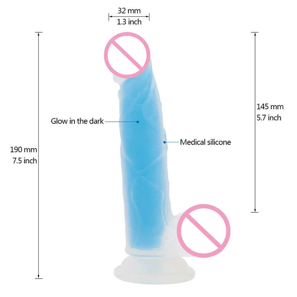 Erotischer 7,5-Zoll-Silikon-Glühendildo, realistischer Glow in the Dark-Penis, Strapon, Dick, erwachsenes Sexspielzeug für Frauen, Sexshop X0503