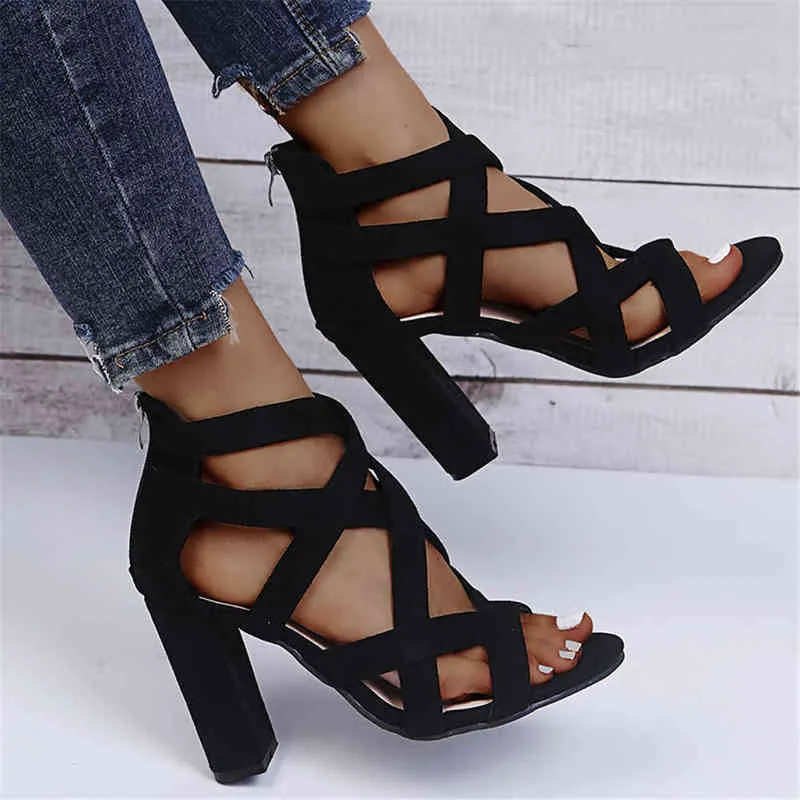 Jurk schoenen vrouwen pompen sandalen zomer open teen hoge hakken lage blok hak gladiator rits dik met wiggenmuil 220303