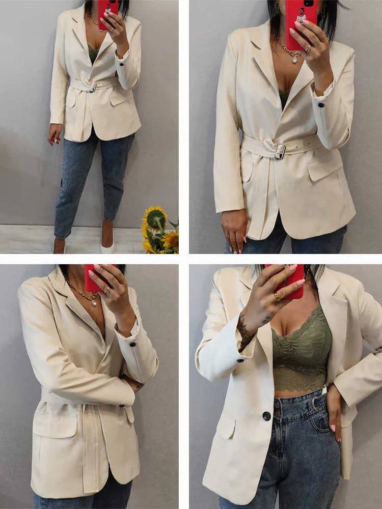 Fitaylor primavera outono escritório senhoras blazer jaqueta mulheres um botão cor sólido terno casaco elegante moda outwear com cinto 211006