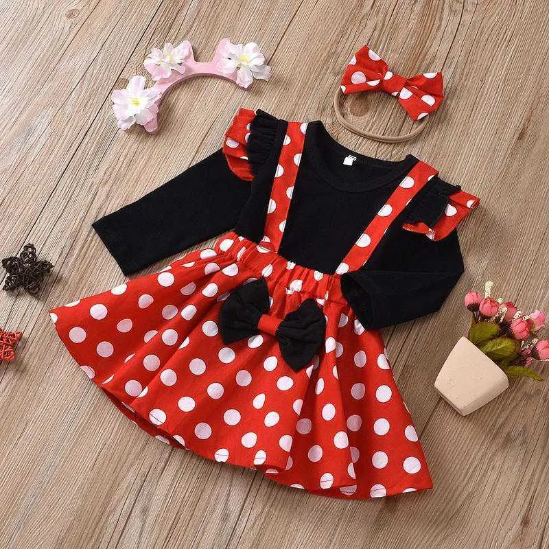 Wholesale Outfits Girls Cotton T-shirt+Dot Suspender Skirt+Hair Ring Baby Girl Sets Clothes E1 210610