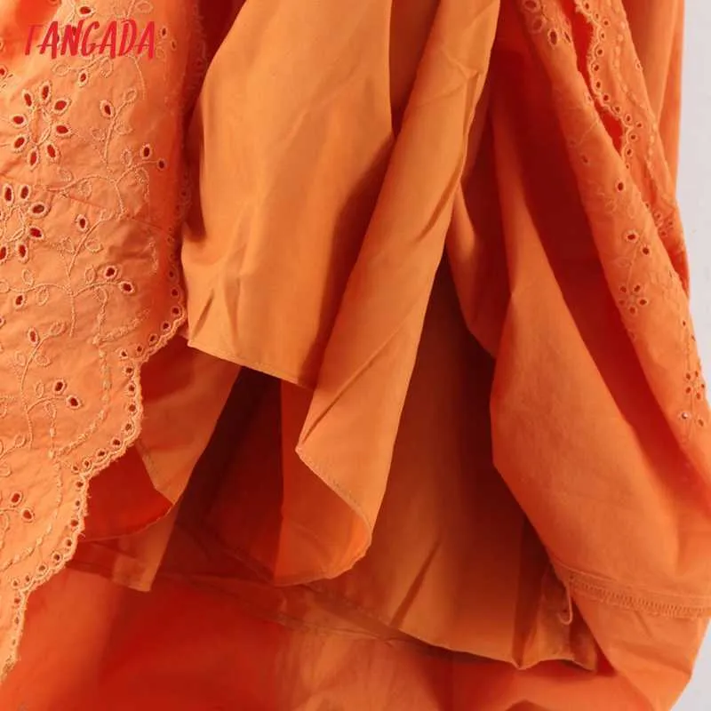 Tangada Frauen Orange Stickerei Midi Rock Faldas Mujer Vintage Strethy Taille Damen Chic Mid Calf Röcke 8H108 210609