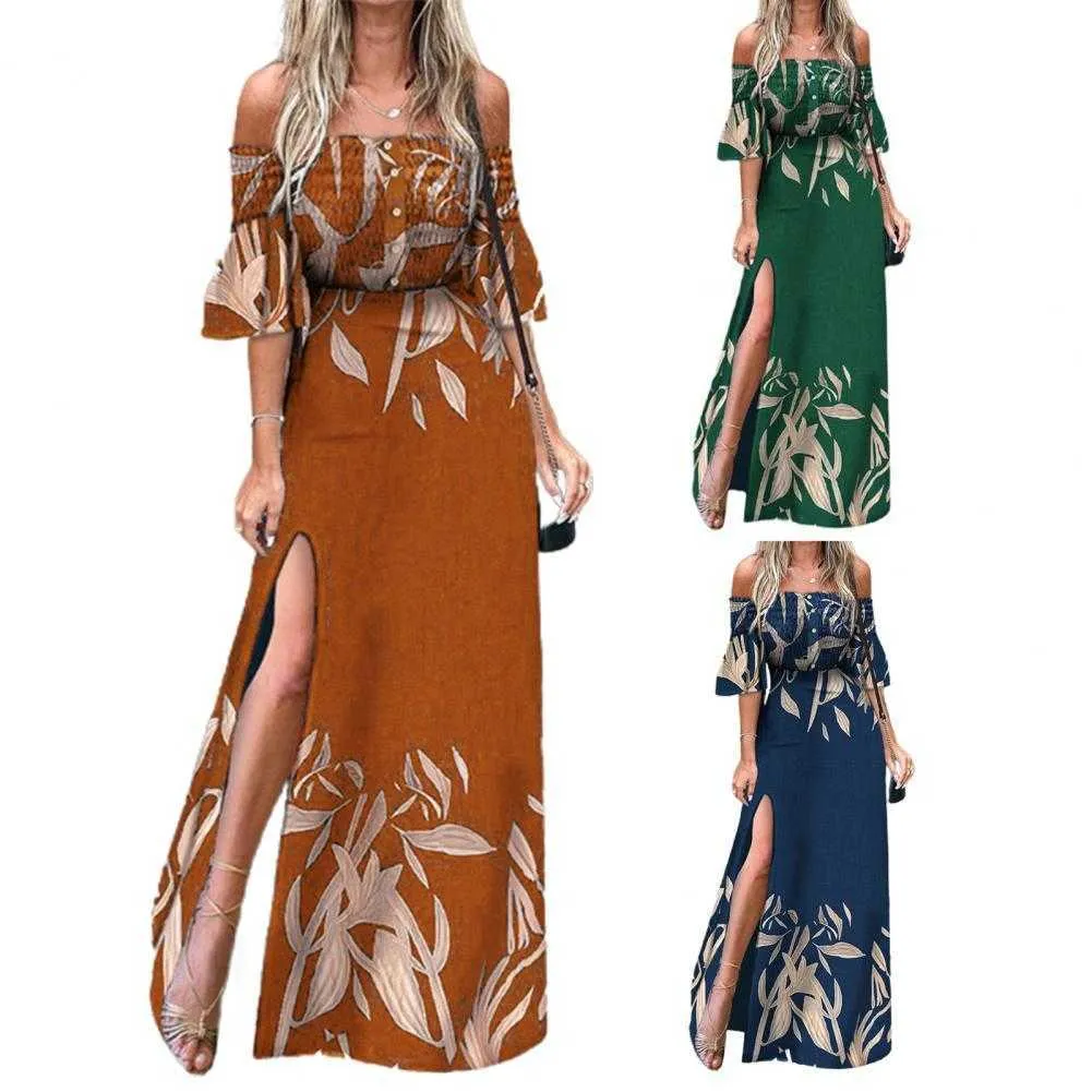 Frauen Maxi Kleid 2021 Off Schulter Floral Print Maxi Kleid Elegante Hohe Split Geraffte Tasten Frauen Kleid Sommerkleid Y1006