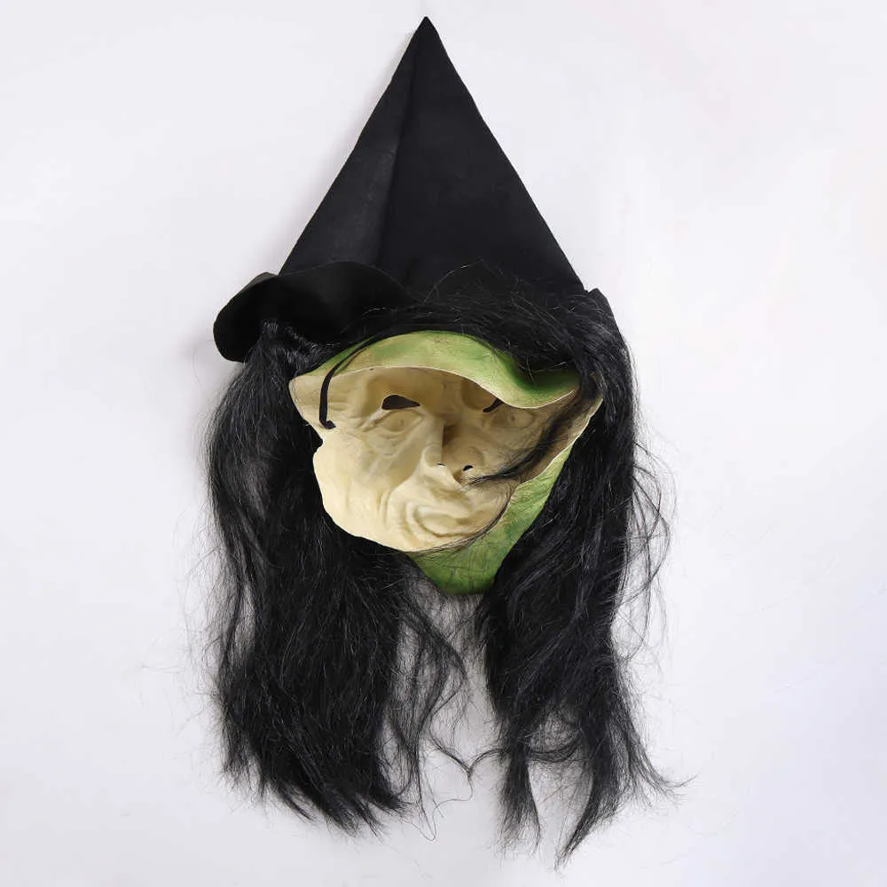 Maschera di strega horror di Halloween con cappello Cosplay Pagliaccio spaventoso Strega Maschere in lattice Viso verde Naso grosso Donne anziane Costume Puntelli del partito
