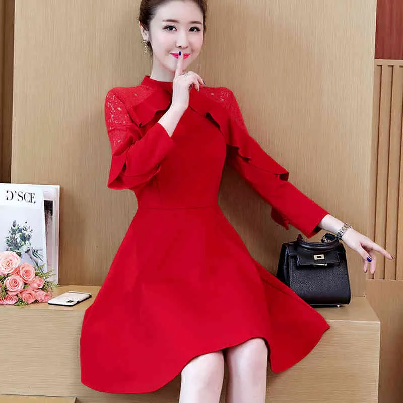 Robe d'automne pour femmes, style coréen, couleur pure, dentelle à volants, manches longues, fine, grande taille, courte, es QX905 210507