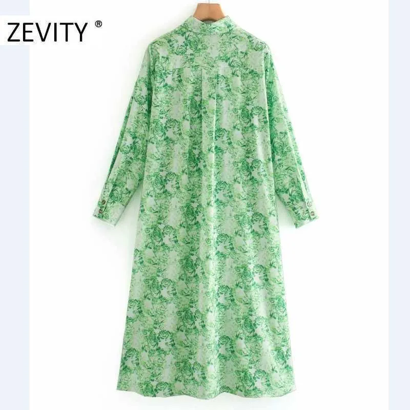 Zevity kobiety moda skręć w dół kołnierz drukuj zielony koszula sukienka biuro damskie przycisk biznes vestido eleganckie proste sukienki DS4434 210603