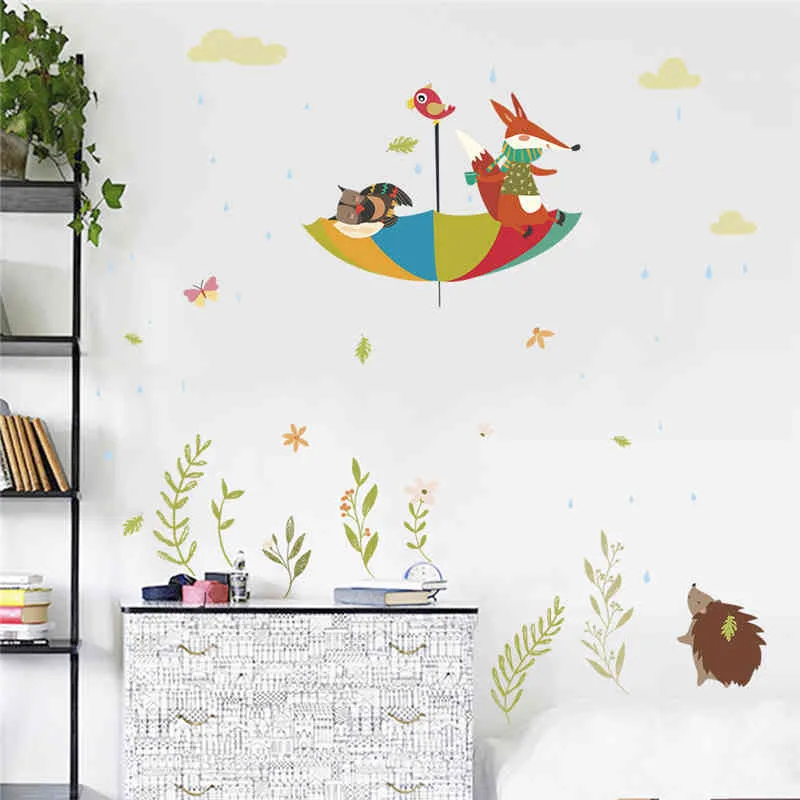 Mignon hibou renard oiseau parapluie sous la pluie stickers muraux pour chambres d'enfants décor à la maison animaux de dessin animé autocollants PVC mural art bricolage affiche 210420