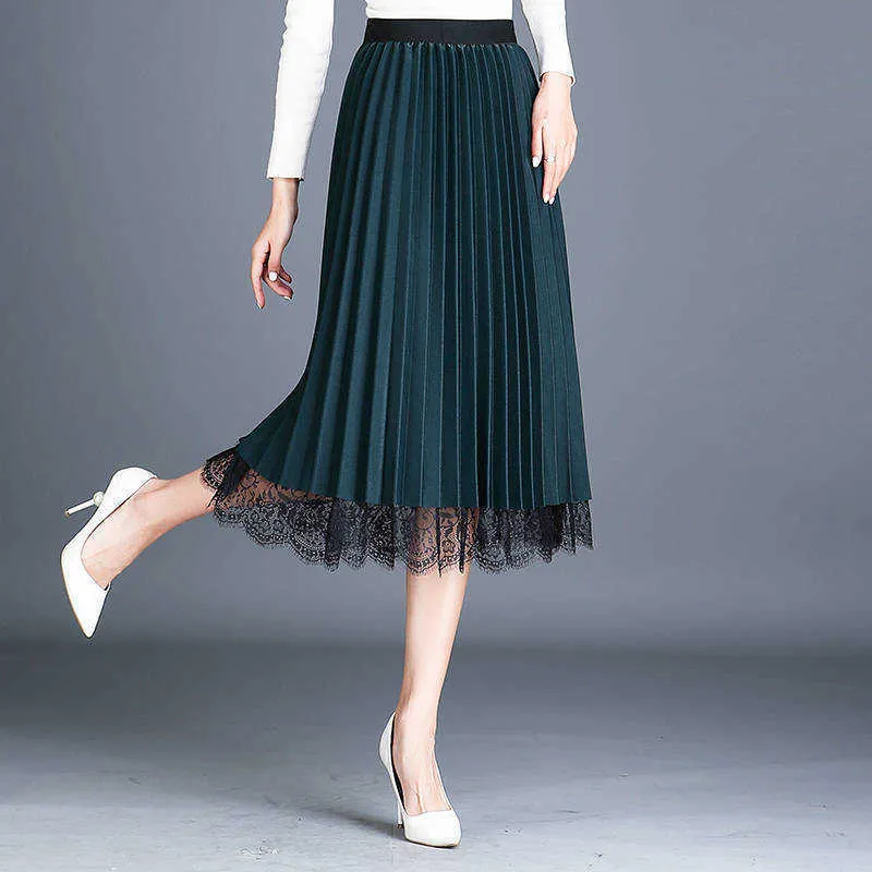 Women Vintage Long Lace Tulle Skirts Autumn Hollow Out Black Spring Pleated Skirt Plus Size Elastic Waist Midi skirts 210619