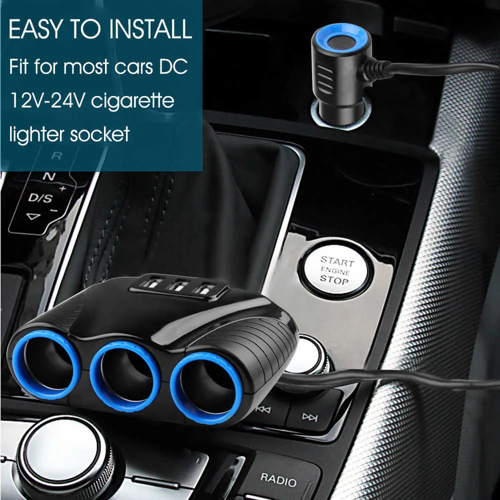12V24V Universal Car 3 Sockets Splitter Cigarettändare Socket 3 Ports USB Laddar Power Adapter för iPhone iPad DVR GPS5027059