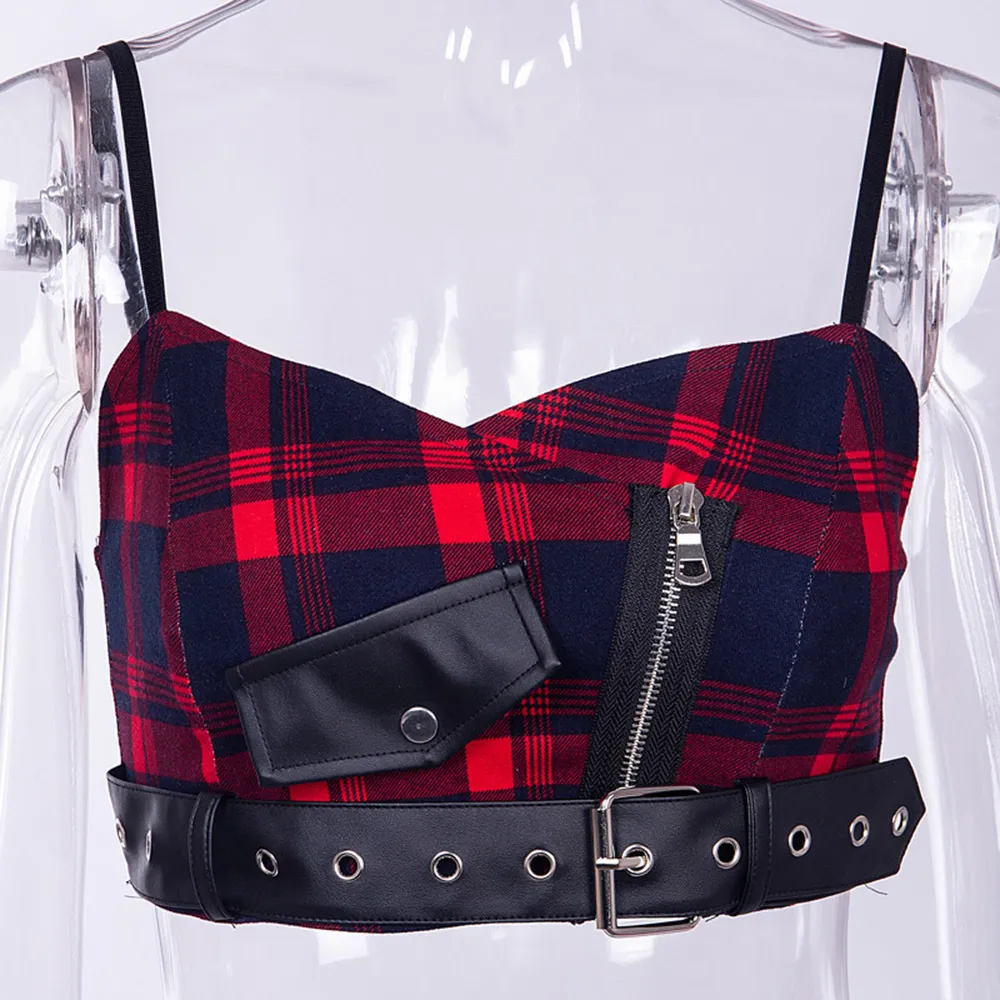 Rosetic Red Plaid Sexig Strap Tank Top Kvinnor Sommarväxter Mode Backless Camis Goth Zip Pocket Streetwear Punk Girl Black 210407