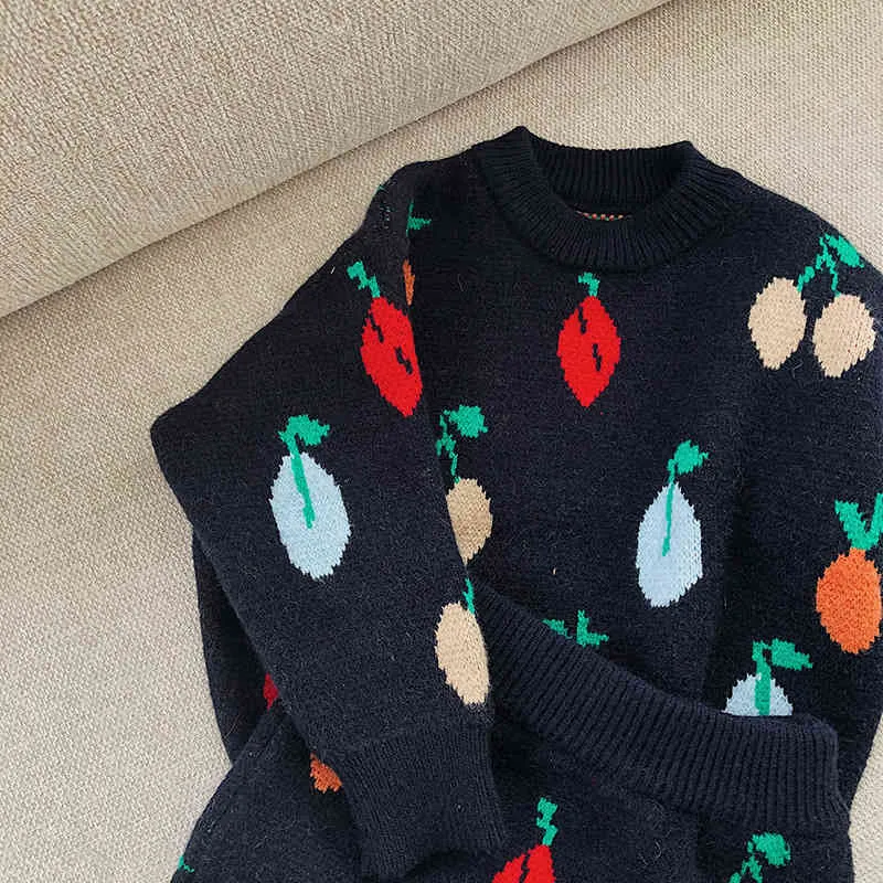 귀여운 아기 소녀 과일 패턴 뜨개질 자카드 옷을 설정 가을 겨울 캐주얼 스웨터와 스커트 복장 210508