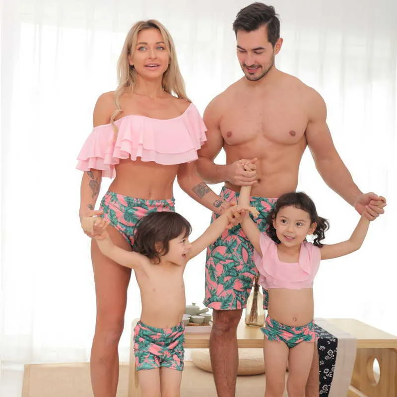 Summer Family Matching 5-pcs Sets Swimwear + Floral Trunks Shoulderless Ruffles High Waist Swimsuit E111 210610