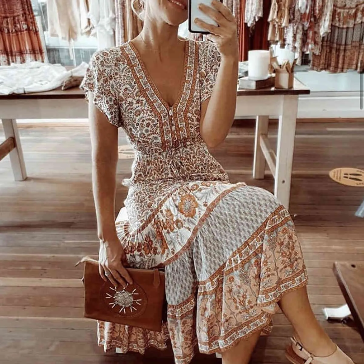 Jastie Abito lungo con scollo a V Beach Boho Stampa floreale Abiti maxi le donne Abito estivo a maniche corte Abiti da festa femminili 210419