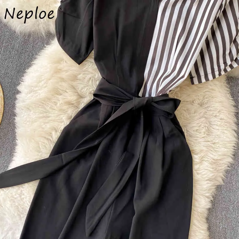 Neploe Work Style Ol Temperament Jumpsuits Kvinnor Hög midja Hip Wide Leg Bodysuit Hit Färg Striped Kortärmad Playsuit Sommar 210423