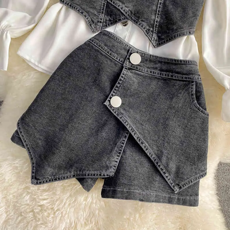 Mode Streetwear Set Långärmad Blusskjorta + Demin Vest Jeans Shorts Korean Passar Spring Women Outfits 210514