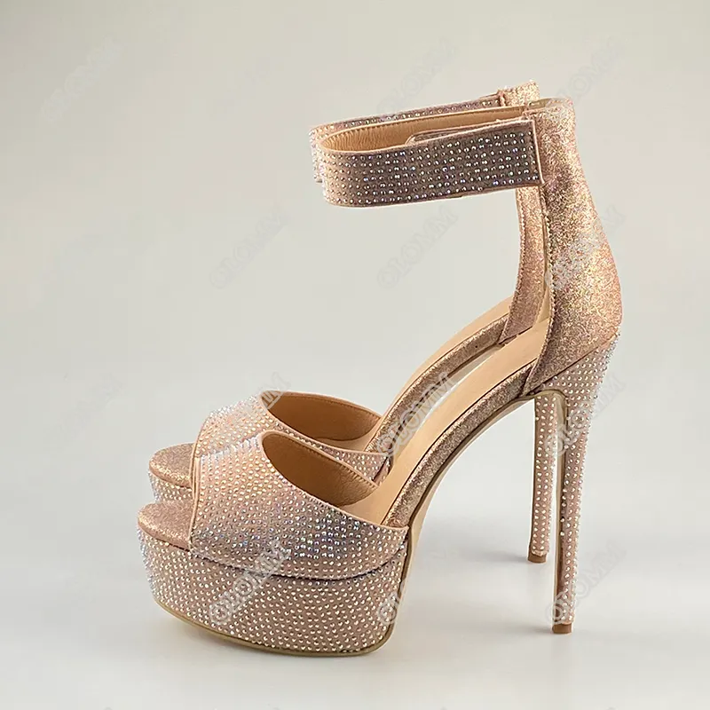 Rontic sandali con plateau estivi da donna strass sexy tacco alto punta aperta splendide scarpe da festa in argento rosa donna US taglie forti 5-20