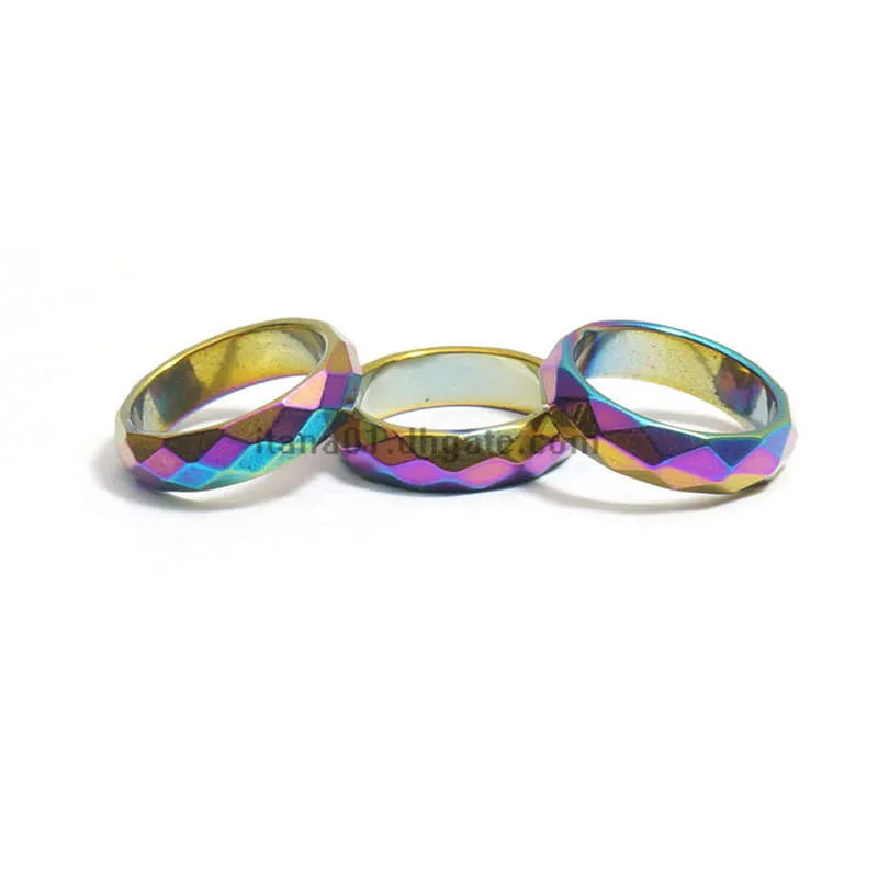 Großhandel mit Regenbogen-facettierten Hämatit-Ringen, die negative Energie absorbieren, magnetische schwarze Edelstein-Bandringe für Damen und Herren, Trend-Schmuck