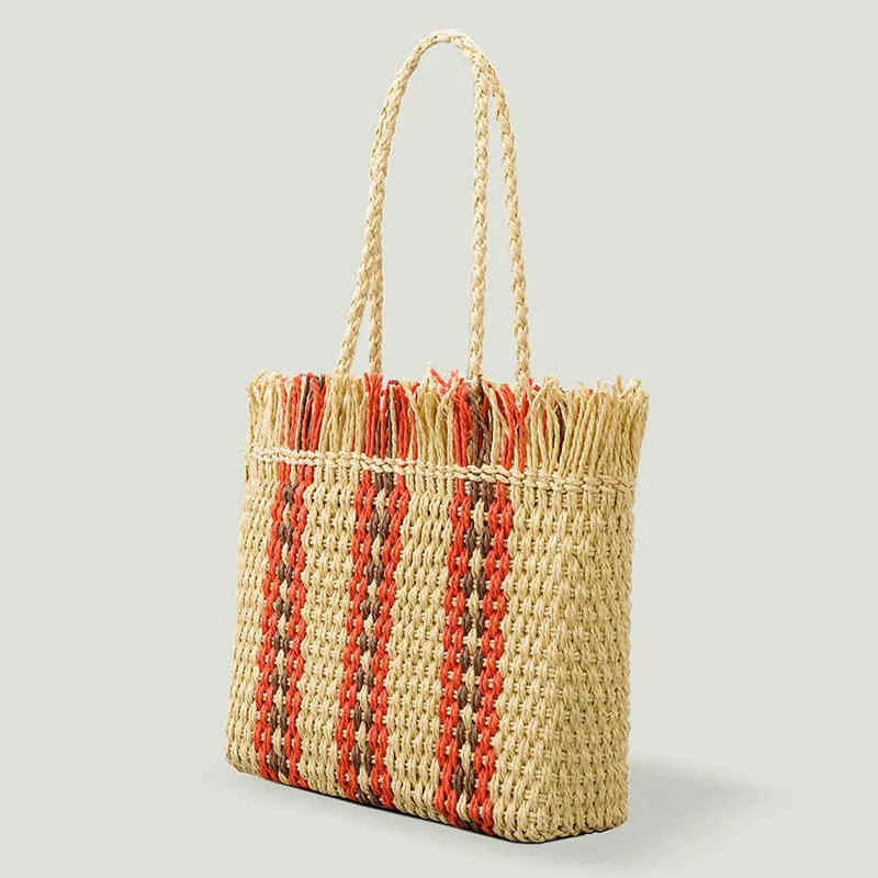 Shoppingväskor Tassel Candy Casual Kvinnor Handväskor Straw Woven Striped Ladies Tote Summer Beach Kvinnlig Top Handtag Bag Girls Shoulder Spring 220318