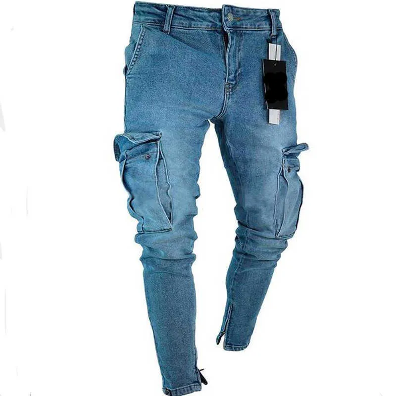 Мужская мода High Street Jeans Side Lakrework повседневная джинсовые джинсы мужские много карманные карандашные брюки Pantalones de Hombre X0621