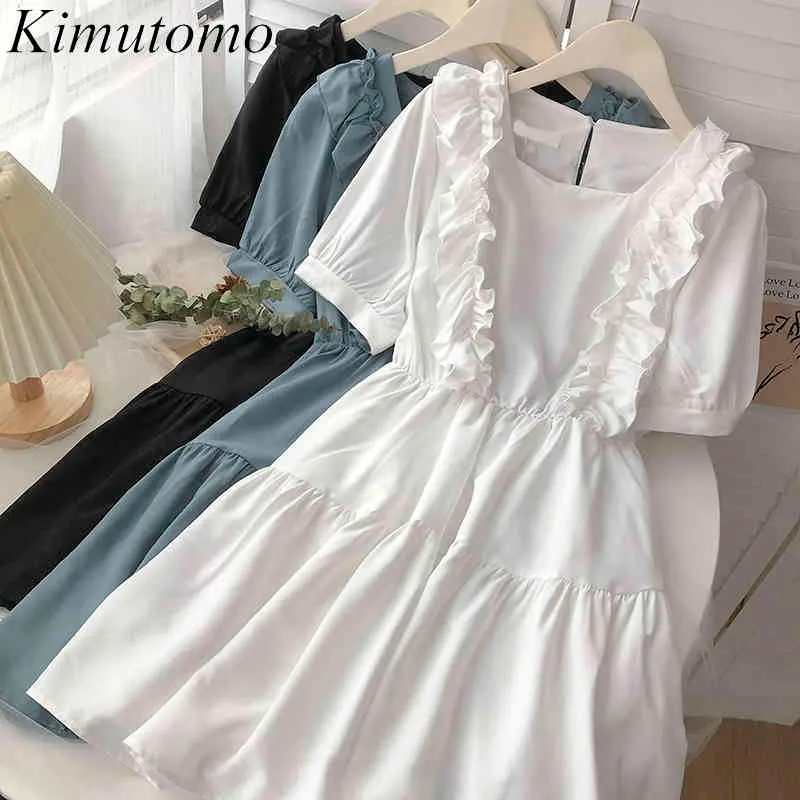 キムトモ韓国風レトロなドレス女の子正方形襟半袖フリルハイウエストAラインシフォンドレスエレガントカジュアル210521