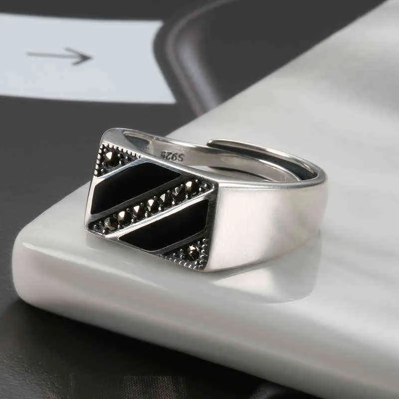 Kinel Real Pure Mens Ring Argento 925 Natural Black Zircon Smalto Gioielli Vintage Punk Hiphop Rock Sterling Anelli 211217