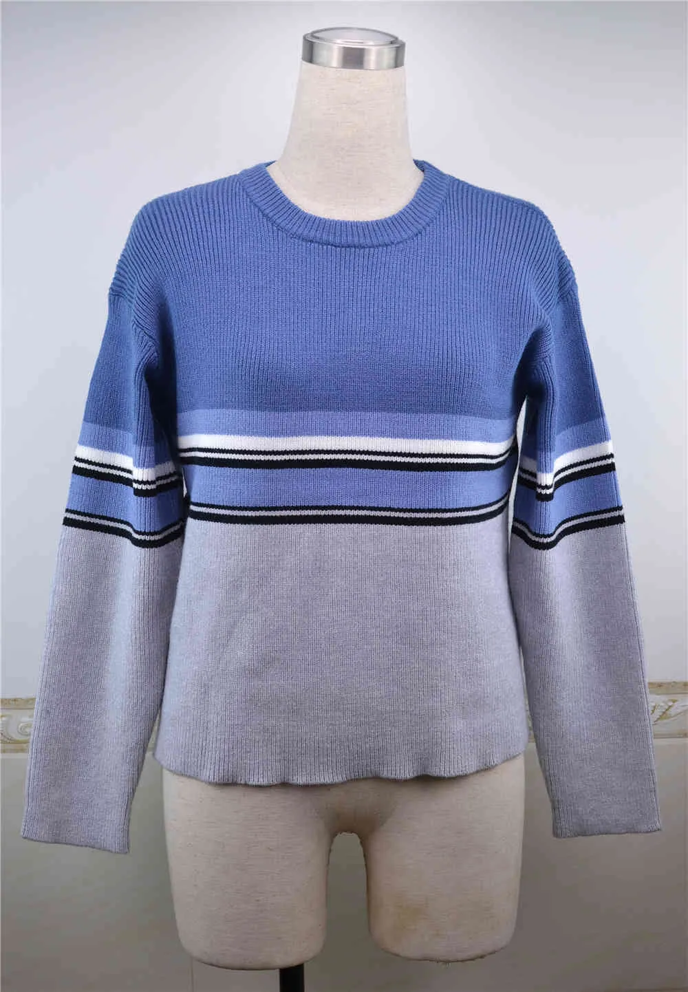 Foridol Blue Striped Pullover Maglione Donne Vintage Breve Casual Maglione Maglione Atumn Winter Pullover Tops 210415