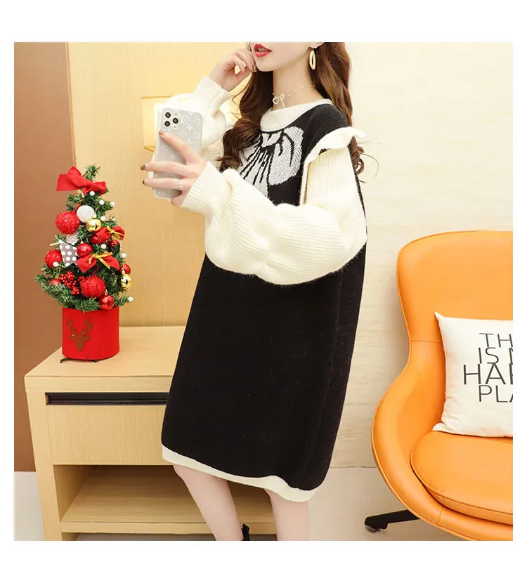 Femmes Long Pull Robe Bow Tie Style Lâche Style Genou Longueur Tricot Robes Noir Blanc Hiver Volants Pull Jumper 210430