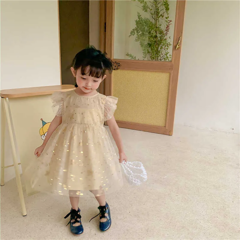 Princess Toddler Girls Sparkle Stars Sukienka Dla Dzieci Dzieci Latający Rękaw Sundress Bling Odzież 210529